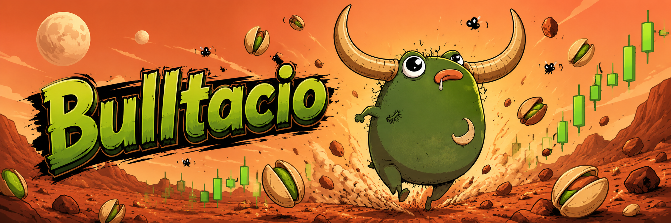 Bulltacio charging through a desert of green candles